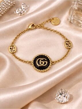 Gucci Gold and Black GG Rope-Edge Chain Bracelet